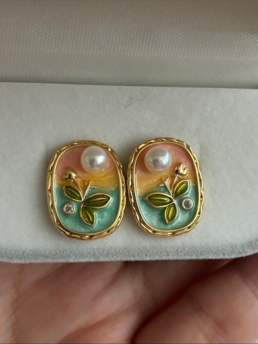 Gold-Tone Pastel Floral Pearl Stud Earrings in Peach & Aqua